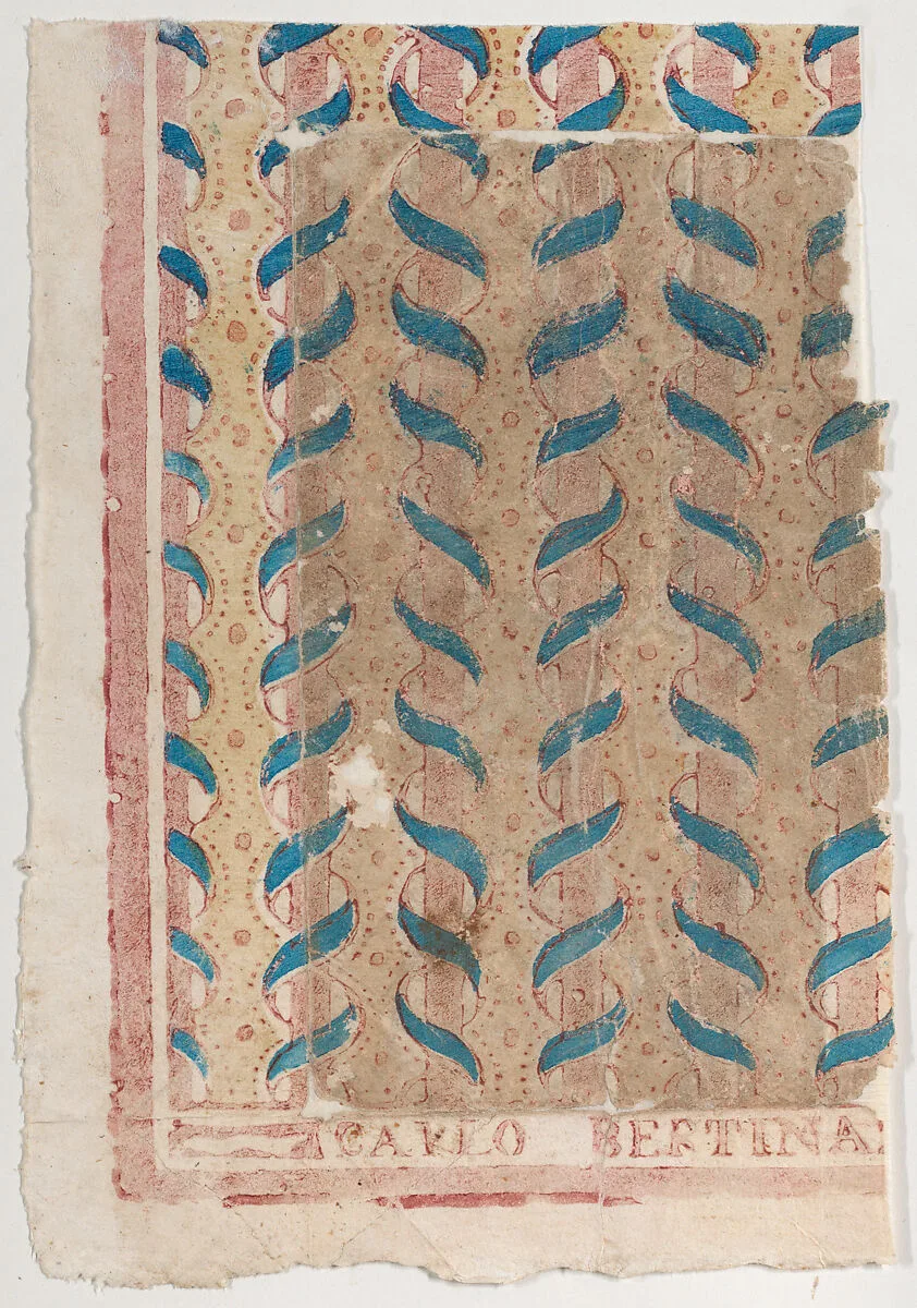 Sheet with blue and pink abstract pattern — Anonymous