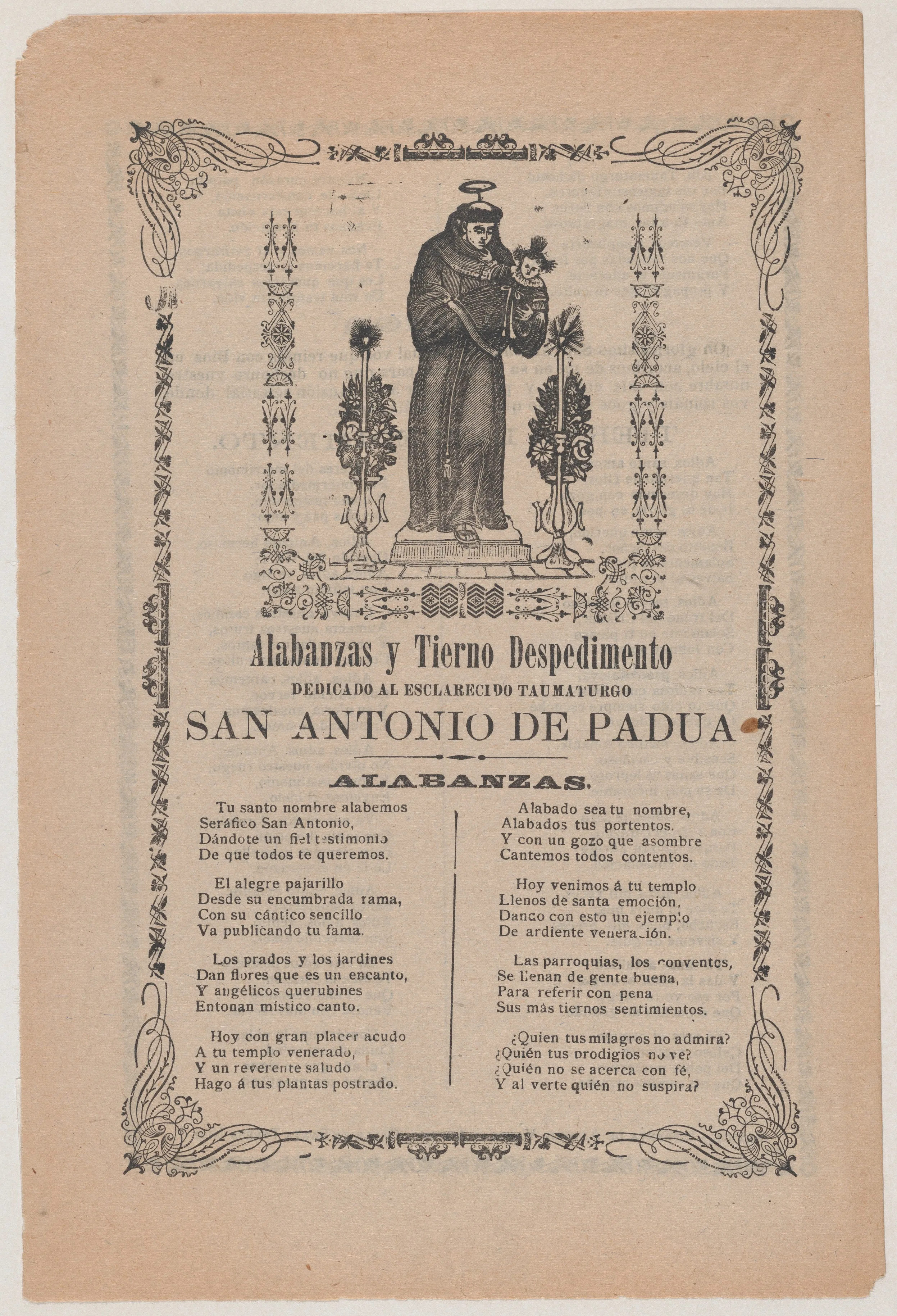 Broadsheet relating to Saint Anthony of Padua who is shown holding the Christ child flanked by a candelabra with flowers — José Guadalupe Posada|Antonio Vanegas Arroyo