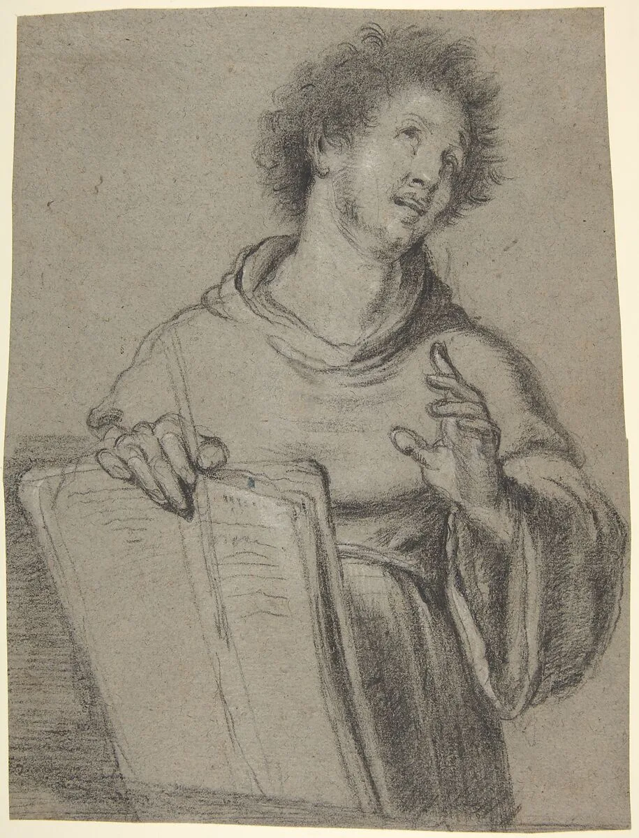 Half-Length Study of a Monk Holding a Book and a Long Implement — Bernardo Strozzi