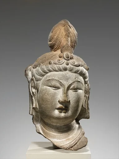 唐 天龍山第21窟 彩繪石雕菩薩頭像(砂岩)|Head of a Bodhisattva
