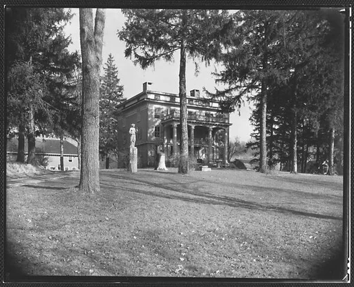 [Colonial Revival House with Statuary on Lawn,  Birthplace of Mathew Brady?, Golden's Bridge, New York]