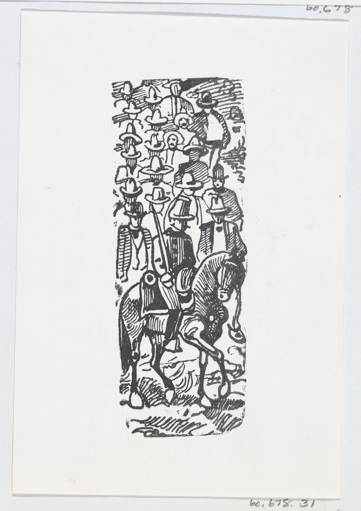 A group of men following a soldier on horseback with a sword — José Guadalupe Posada|José Sanchez