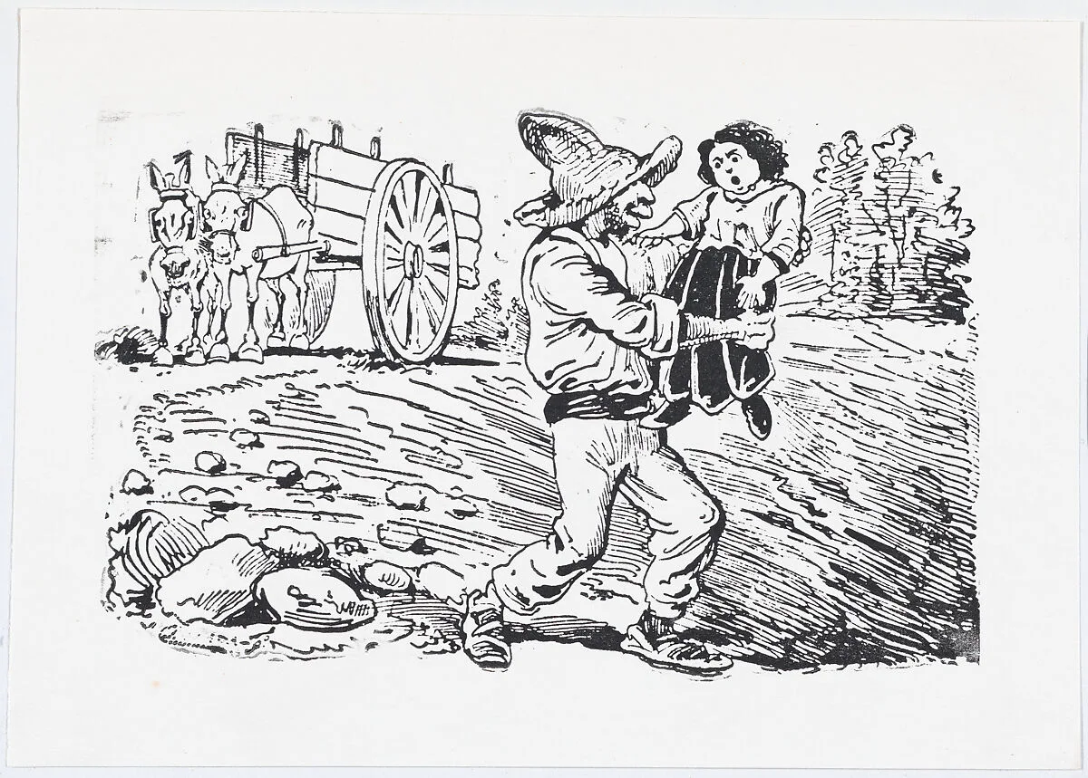 A man in a hat kidnapping a child from a broadside entitled 'Los roba-chicos en acción' — José Guadalupe Posada|José Sanchez