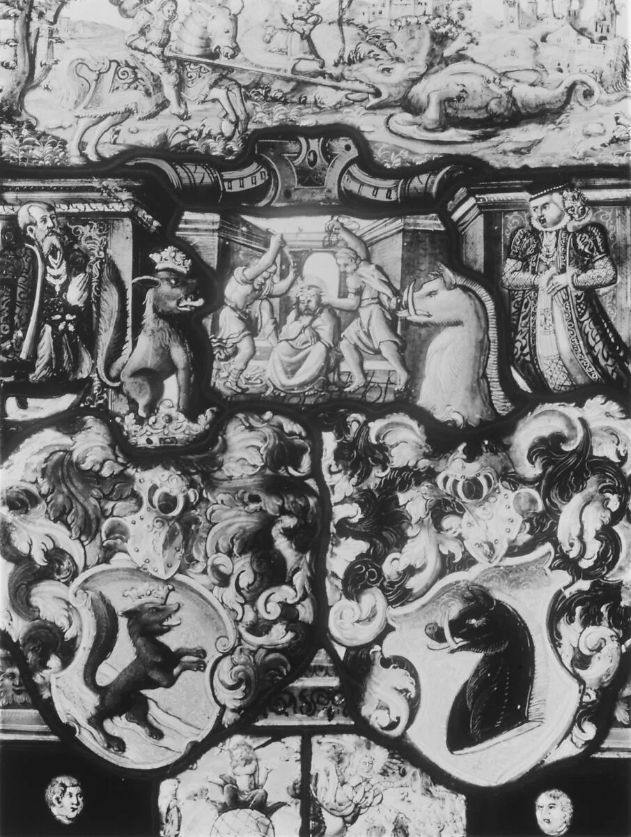 Saint George and the Dragon, the Scourging of Christ and the Last Judgement, with donor figures and armorials — Unknown