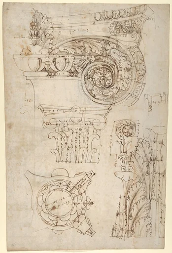 Composite capital, plan, elevation, and details; frieze, detail (recto) Forum of Nerva, entablature and attic, profiles; portico, perspective, and cornice, profile (verso)