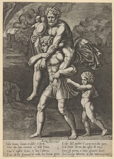 Aeneas carrying Anchises on his shoulders while Troy burns in the background