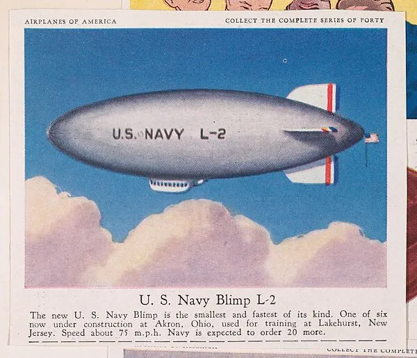 U. S. Navy Blimp L-2, collector card from the Airplanes of America series (D2), issued by the Kelley Baking Company to promote Kelley's Bread — Kelley Baking Company