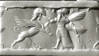 Cylinder seal with two-figure contest scene — Unknown