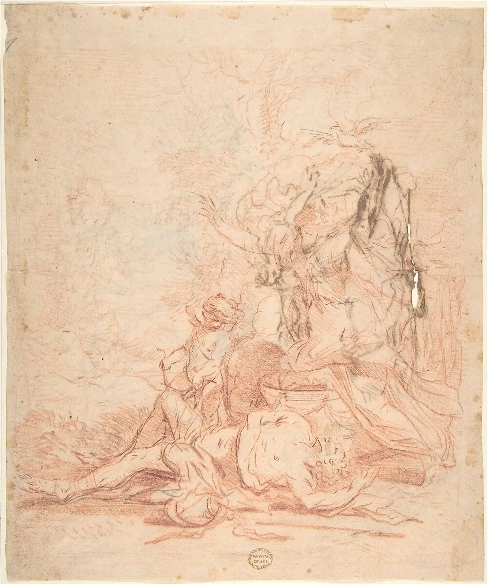 Venus and the Dead Adonis (recto); Sketches of Venus and the Dead Adonis; several sketches of kneeling and standing figures (verso) — Anonymous, Italian, Roman-Bolognese, 17th century