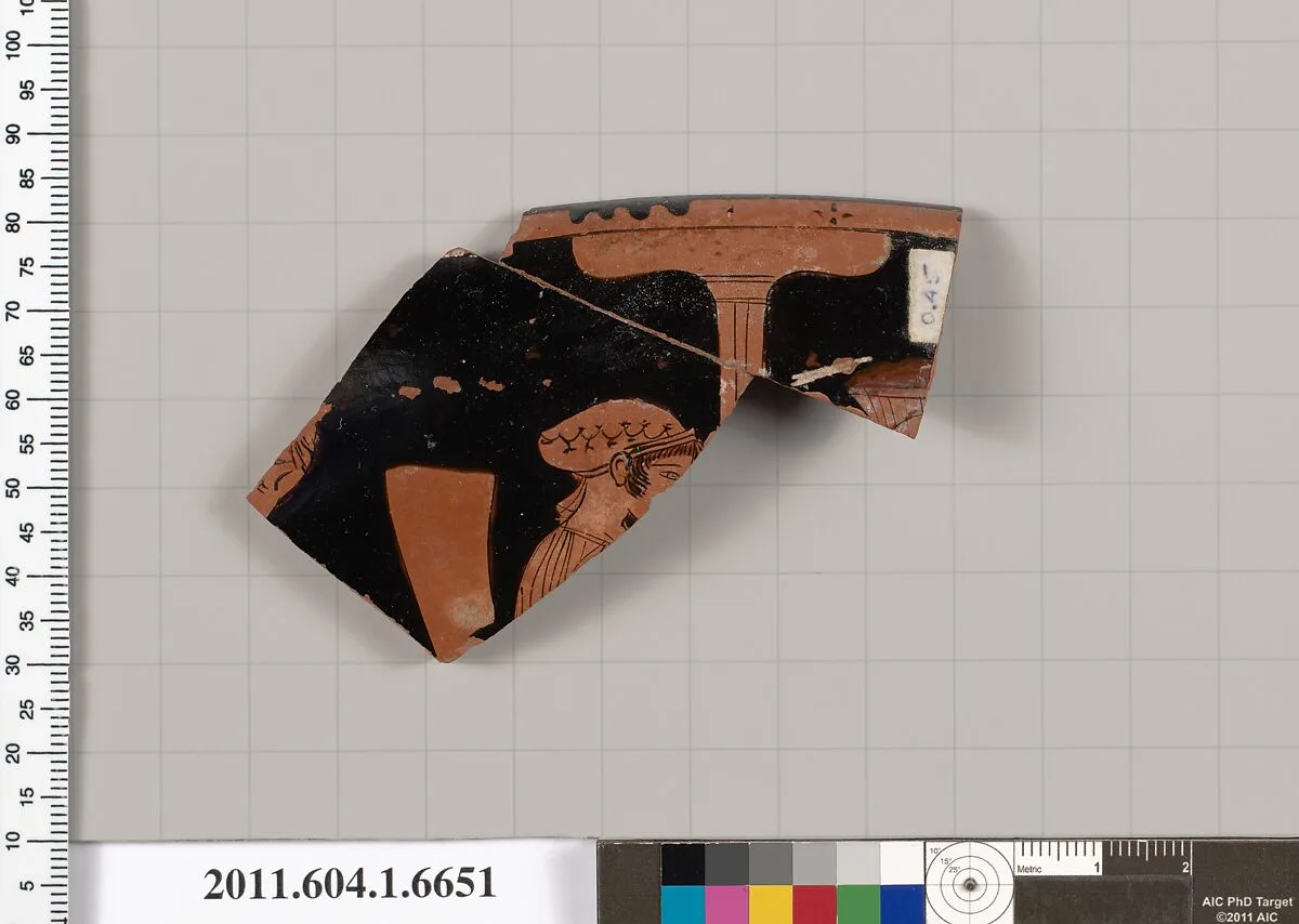 Terracotta rim fragment of a kylix (drinking cup) — Briseis Painter