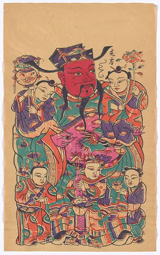 現代 佚名 五子門神(左) 彩印木刻年畫 河南朱仙鎮天成老店(CP380對幅)|New Year Picture of Door God with Five Children (paired with CP380, left)