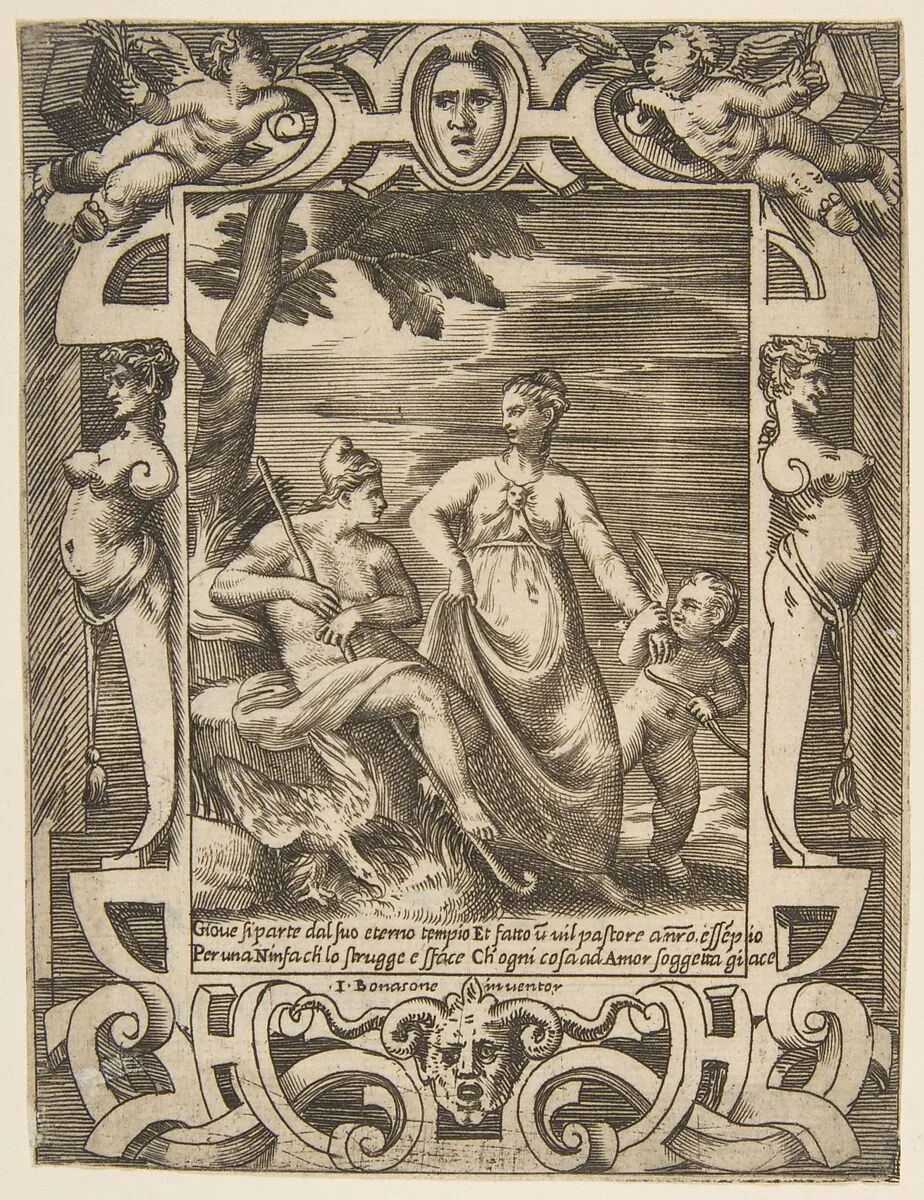 Jupiter at left in the form of a shepherd accompanied by Mnemosyne, set within an elaborate cartouche, from "Loves, Rages and Jealousies of Juno" — Giulio Bonasone