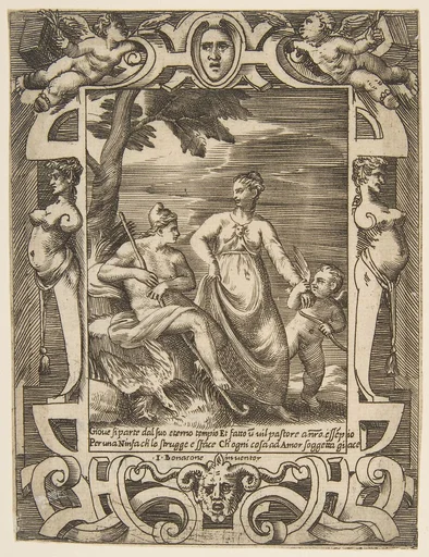 Jupiter at left in the form of a shepherd accompanied by Mnemosyne, set within an elaborate cartouche, from "Loves, Rages and Jealousies of Juno"