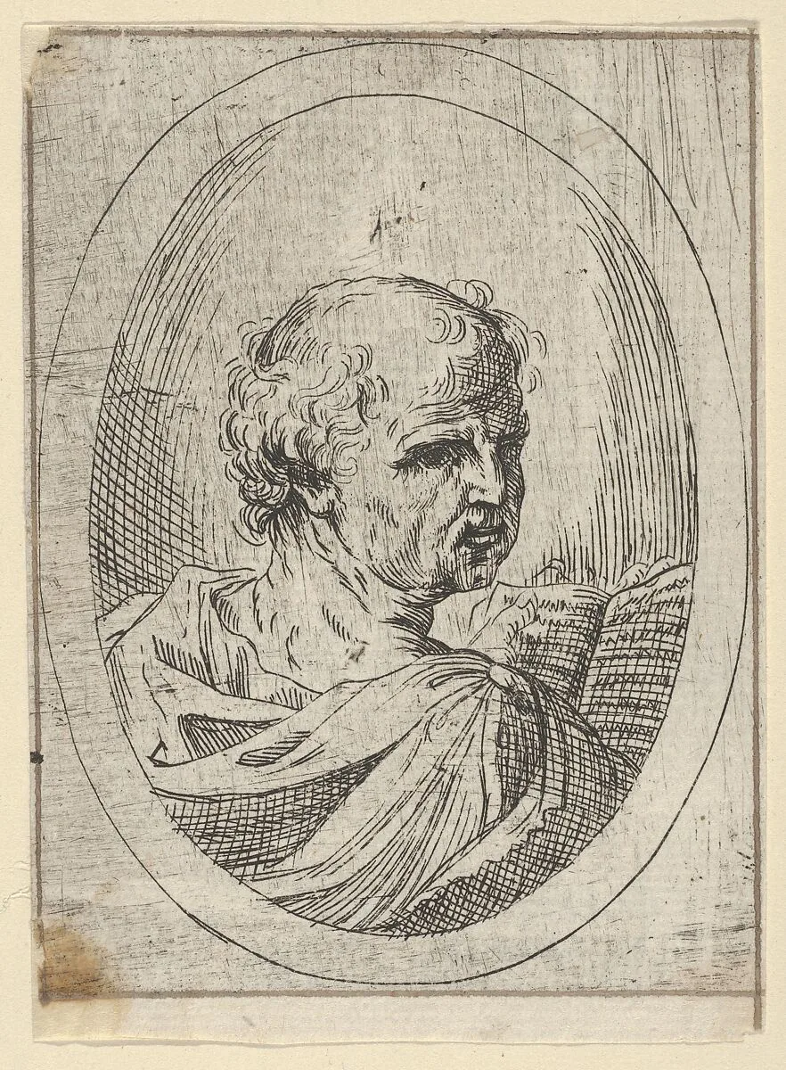 An apostle seen from behind and turning to the right, holding an open book, in an oval frame, from Christ, the Virgin, and Thirteen Apostles — Guido Reni|Anonymous, 17th century