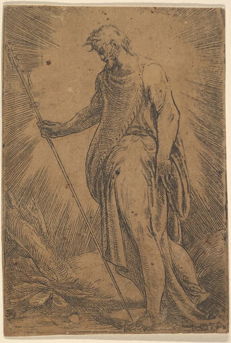 An apostle holding a staff facing left — Andrea Schiavone (Andrea Meldola)