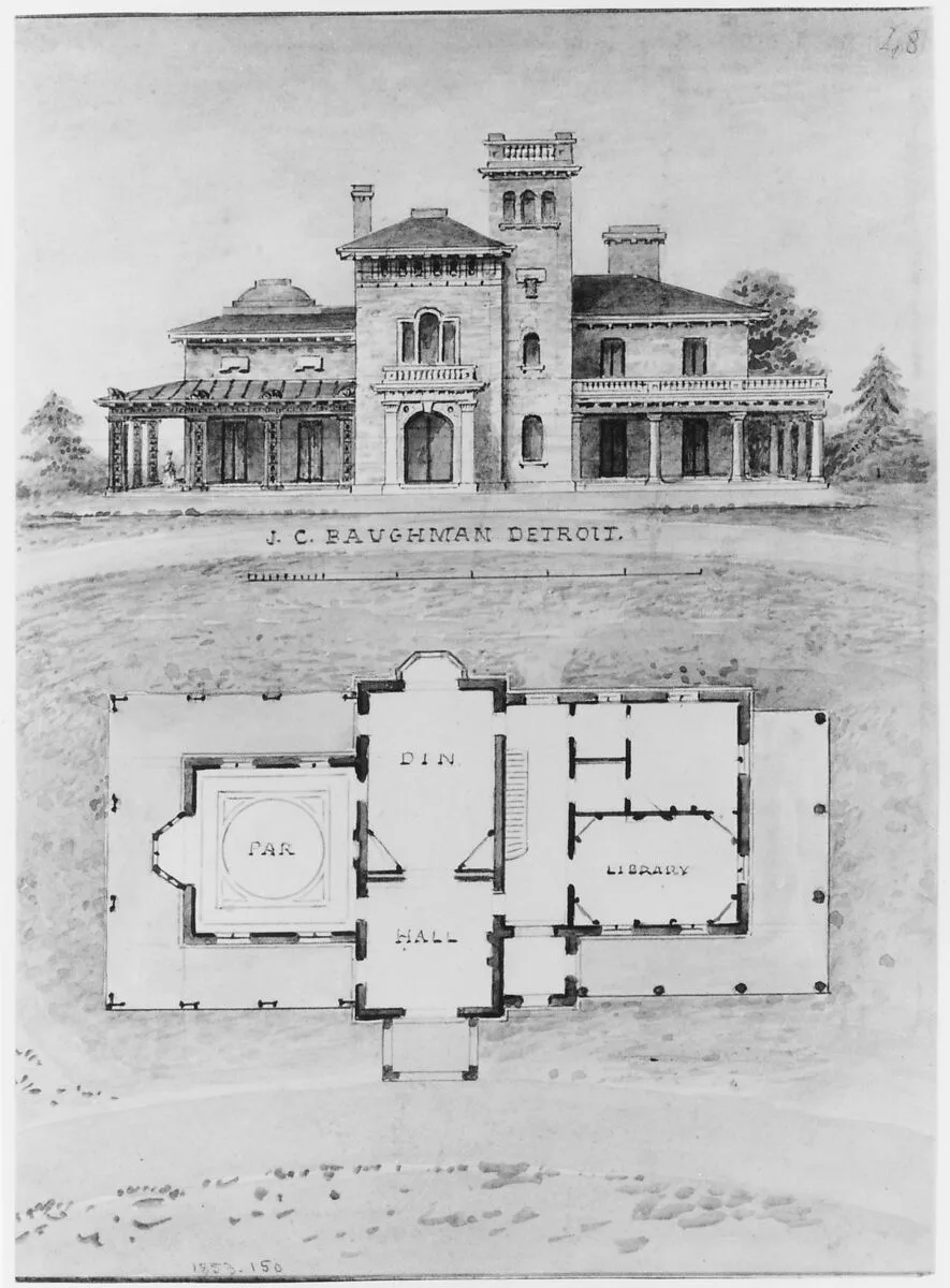 The J. C. Baughman (Scotten) House, Detroit, Michigan (front elevation and plan) — Alexander Jackson Davis