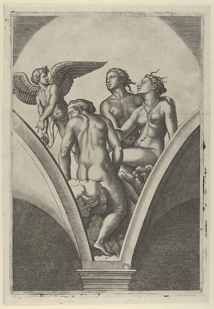 The Three Graces sitting on clouds, cupid at the left, after Raphael's fresco in the Chigi Gallery of the Villa Farnesina in Rome — Marcantonio Raimondi|Raphael (Raffaello Sanzio or Santi)