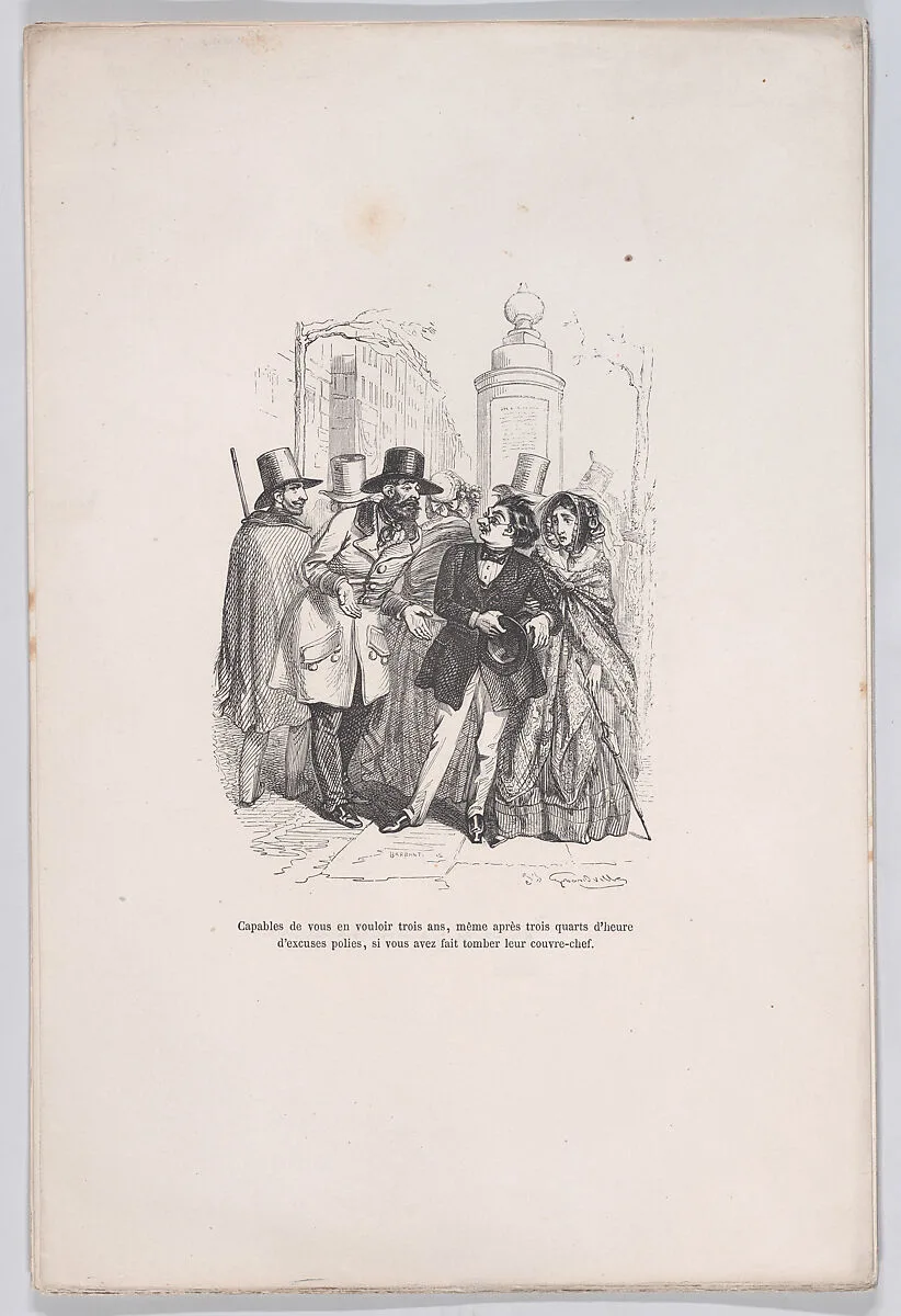 "One would be able to blame you for three years if you dropped their hat." from the Little Miseries of Human Life — Auguste Barbant|Henri Fournier|Paul-Emile-Daurand Forgues|J. J. Grandville
