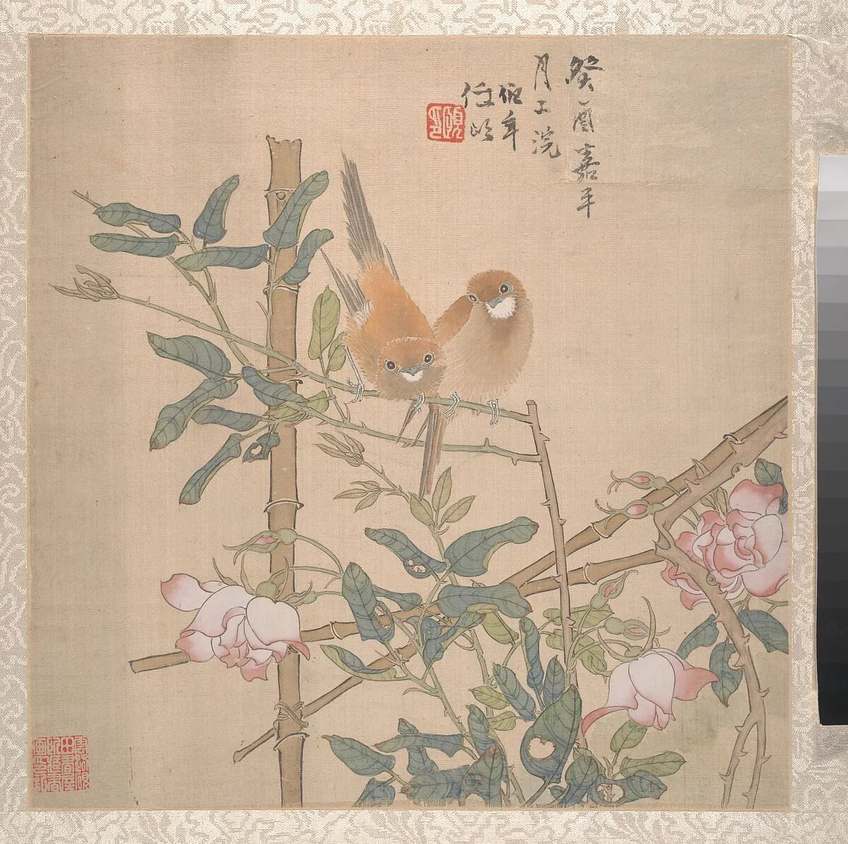清 任頤 冊頁|Two Birds Perched on a Flowering Rose Bush — Ren Yi (Ren Bonian)