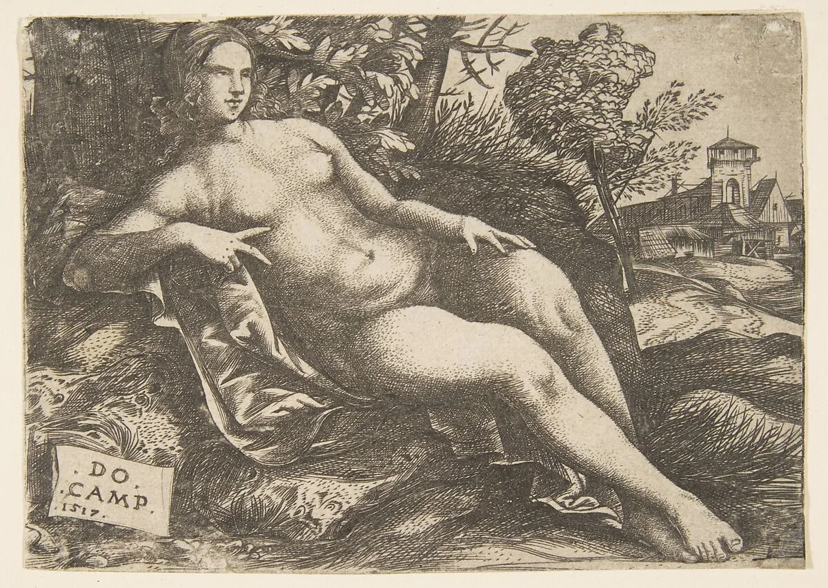Nude woman (Venus) reclining in a landscape — Domenico Campagnola|Giulio Campagnola|Giorgione