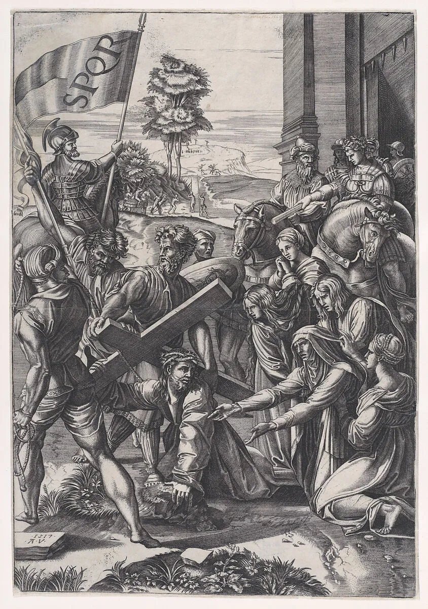 The Bearing of the Cross — Agostino Veneziano (Agostino dei Musi)|Raphael (Raffaello Sanzio or Santi)
