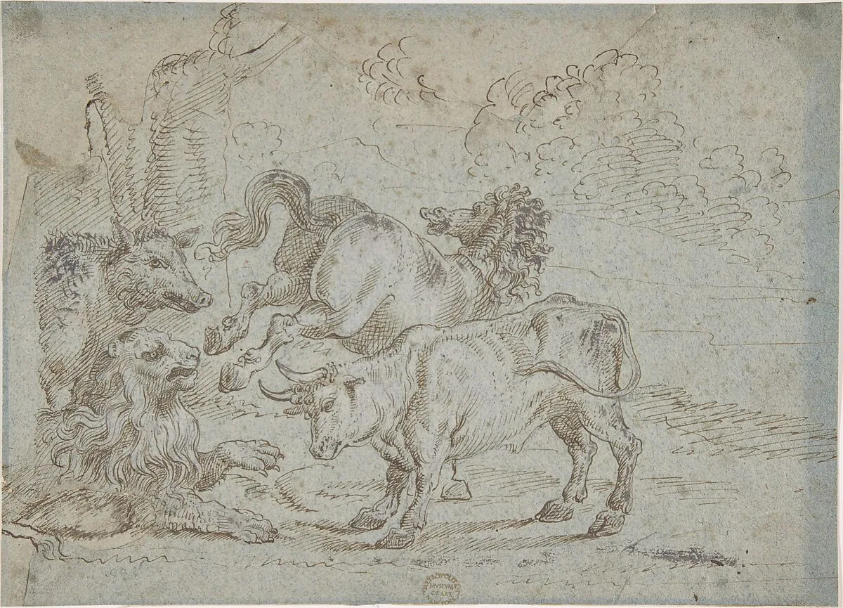 Horse, Bull, Lion, and Boar — Anonymous, Italian, Roman-Bolognese, 17th century