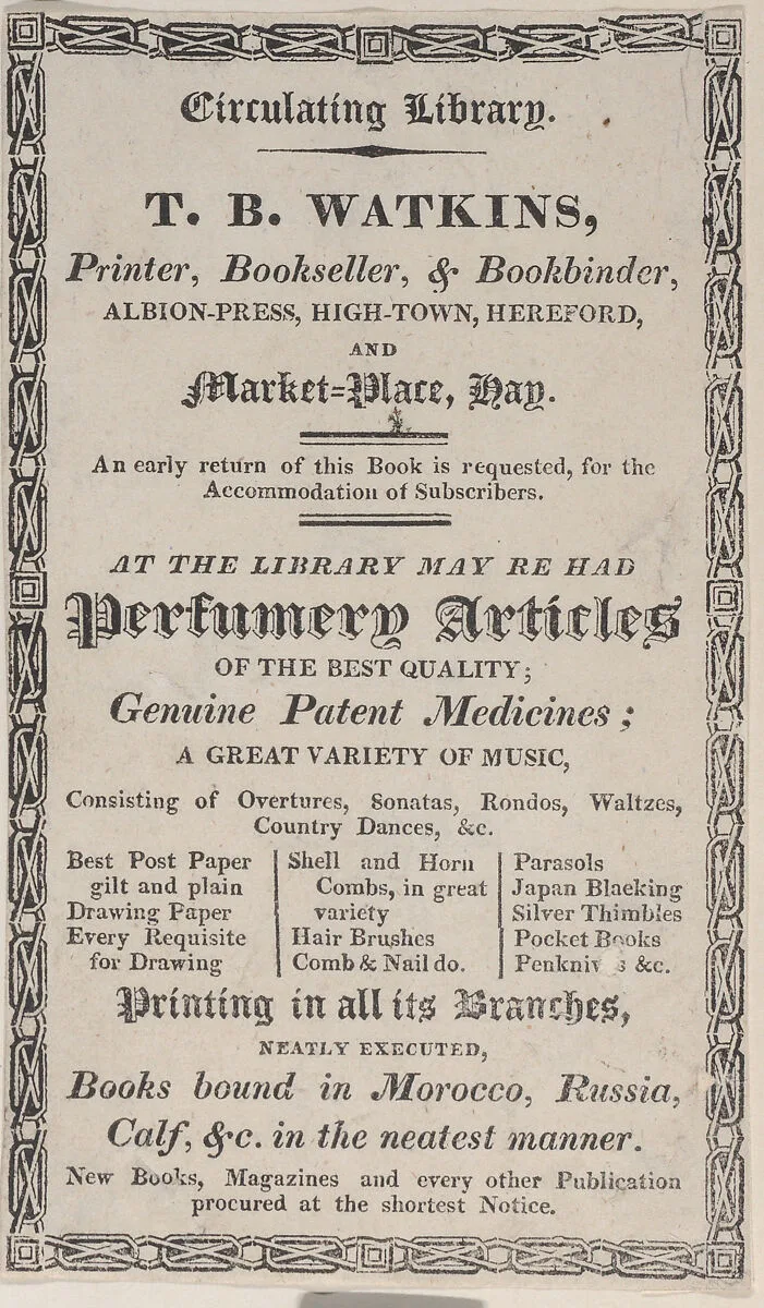 Trade Card for T. B. Watkins, Printer, Bookseller, & Bookbinder — Anonymous, British, 19th century