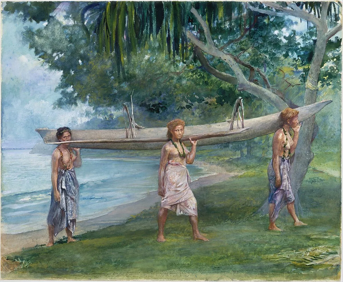 Girls Carrying a Canoe, Vaiala in Samoa — John La Farge