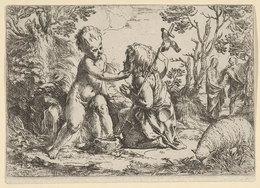 Young Saint John the Baptist kneeling before the infant Christ who caresses his face, the Virgin and Joseph in the background at right