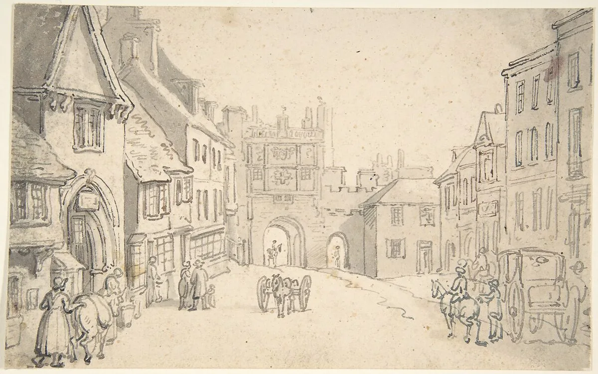 City View with Medieval Gate (perhaps York) — Thomas Rowlandson