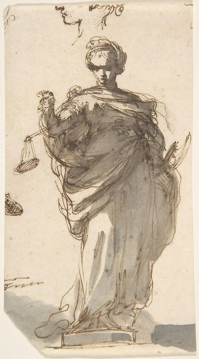 Design for a Statue of Justice with Sketches at Left and Above. — Giuseppe Bernardino Bison
