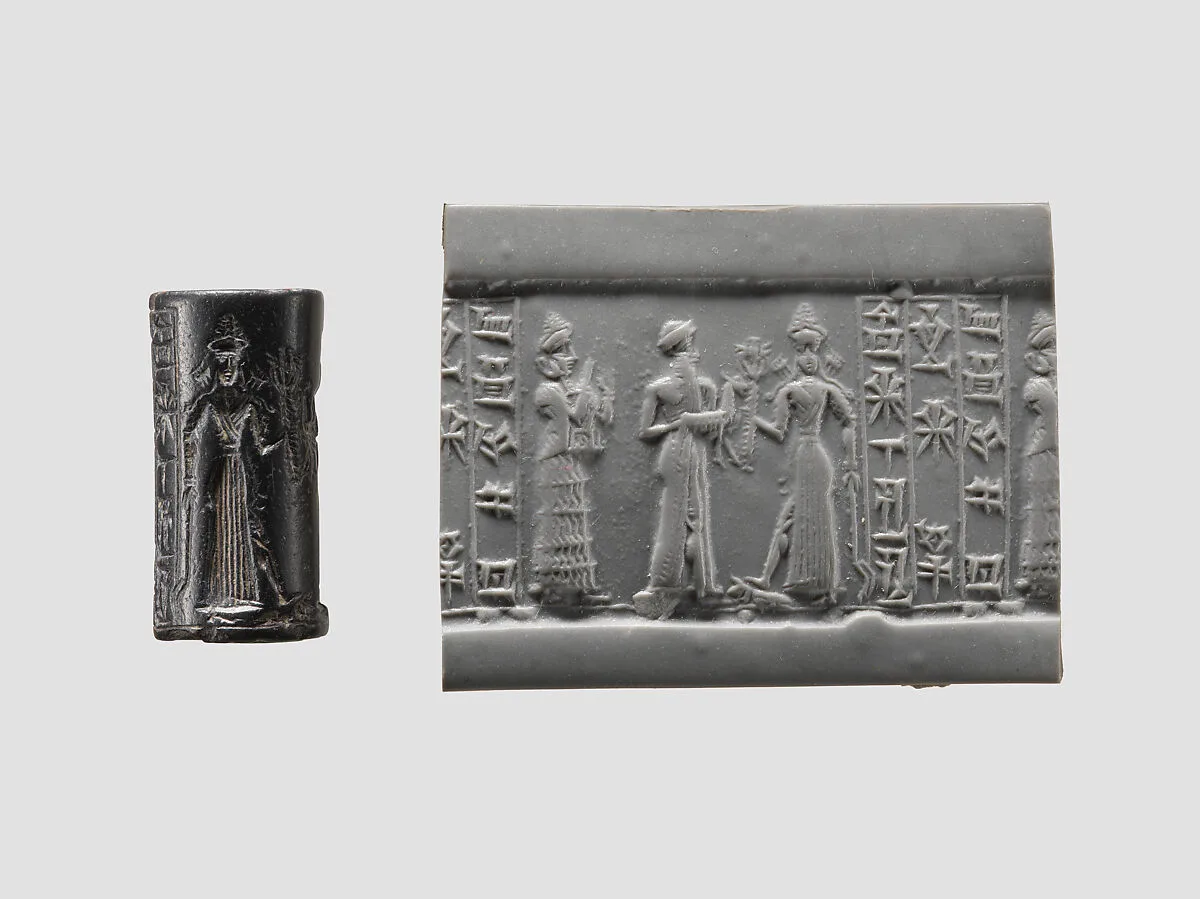 Cylinder seal and modern impression: suppliant goddess and offering bearer approaching Ishtar, three columns of inscription — Unknown