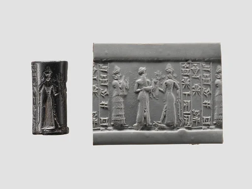 Cylinder seal and modern impression: suppliant goddess and offering bearer approaching Ishtar, three columns of inscription