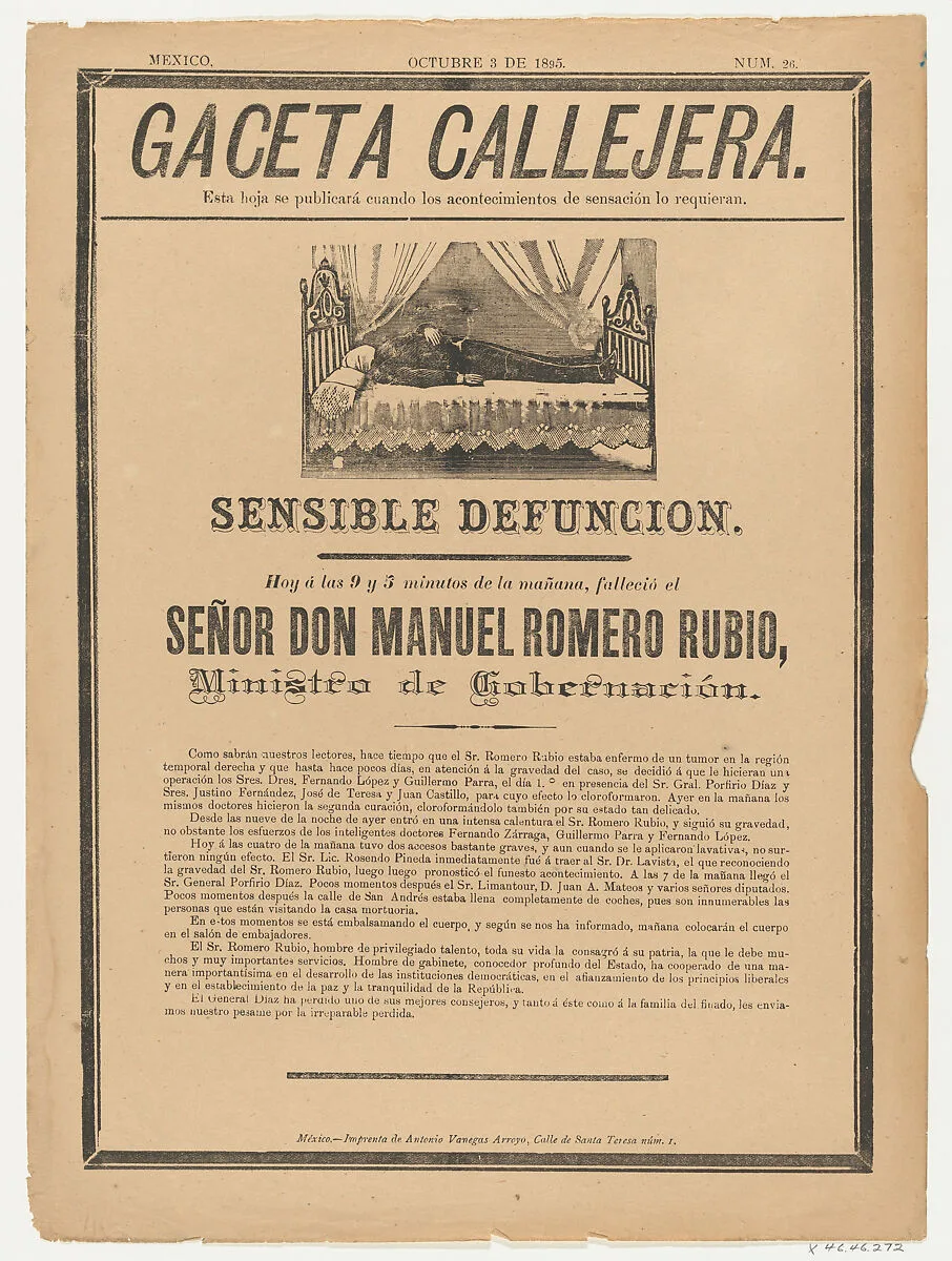 Page from the Gaceta Callajera (October 3 1895) relating to the death of the government minister, Don Manuel Romero Rubio — Antonio Vanegas Arroyo|Anonymous