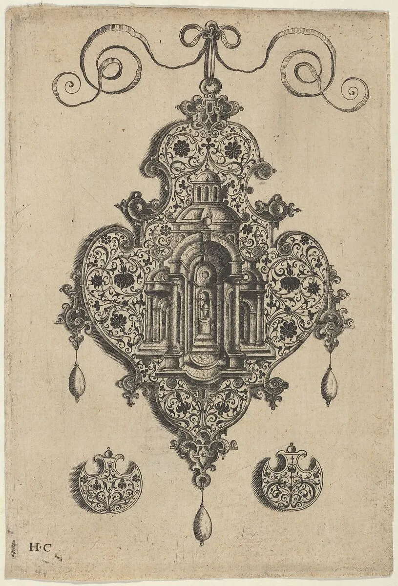 Pendant Design with a Domed Church and Urn Above Axe-Shaped Ornaments — Jan Collaert I|Hans Liefrinck