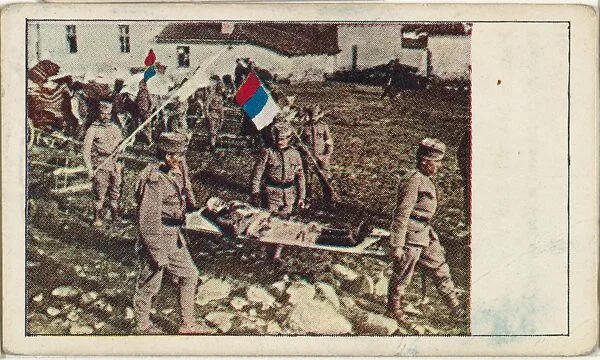 Card No. 47, The Very Latest Photograph Received in the United States from the Balkan-Turkish Seat of War, Showing Wounded Servians Being Removed from the Field After the Battle of Vronia, from the World War I Scenes series (T121) issued by Sweet Caporal Cigarettes — Underwood & Underwood|American Tobacco Company