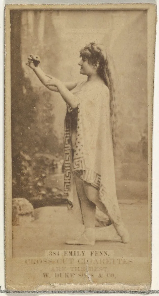 Card Number 384, Emily Fenn, from the Actors and Actresses series (N145-3) issued by Duke Sons & Co. to promote Cross Cut Cigarettes — W. Duke, Sons & Co.