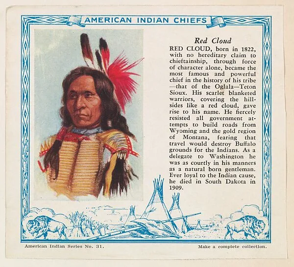 Red Cloud, No. 31, collector card from the American Indian Series (D6), issued by the Kelley Baking Company to promote Kelley's Bread — Kelley Baking Company