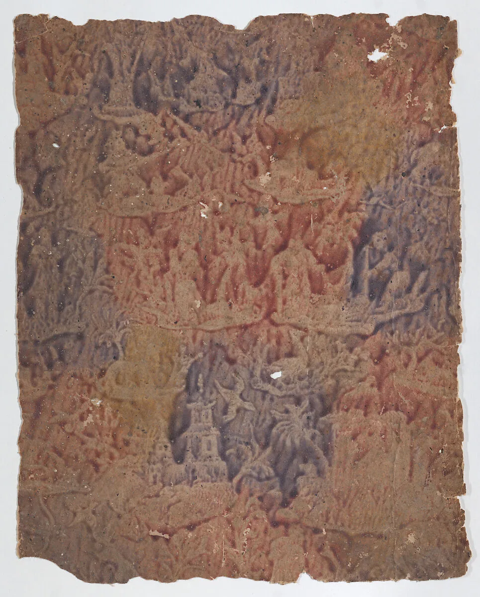 Sheet with figures in landscapes in red, purple, and yellow — Anonymous