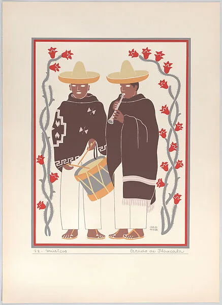 Plate 22: two musicians from the state of Tlaxcala, from 'Trajes regionales mexicanos' (regional Mexican dress) — Editorial Atlante|Carlos Mérida