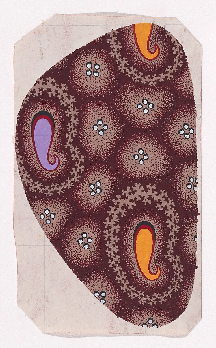 Textile Design with Paisley-Inspired Teardrops Framed by Garlands of Branches over an Abstract Honeycomb Pattern Decorated with Pearls — Anonymous, Alsatian, 19th century
