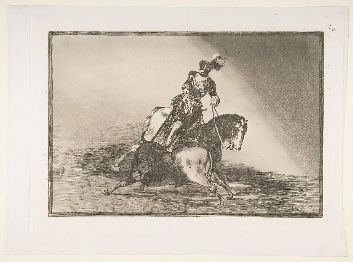 Plate 10 from 'La Tauromaquia': Charles V spearing a bull in the ring at Valladolid — Goya (Francisco de Goya y Lucientes)