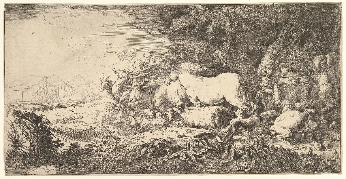 Entry of the animals into Noah's ark, three men follow quadrupeds and birds striding toward the ark in the background, another male figure points the way — Giovanni Benedetto Castiglione (Il Grechetto)