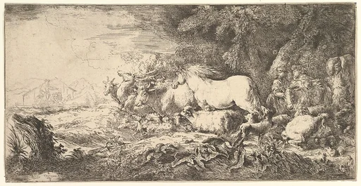 Entry of the animals into Noah's ark, three men follow quadrupeds and birds striding toward the ark in the background, another male figure points the way