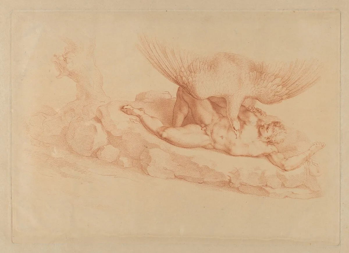 Prometheus, naked, chained to a rock, looking up at an eagle standing over him — Michelangelo Buonarroti|Francesco Bartolozzi
