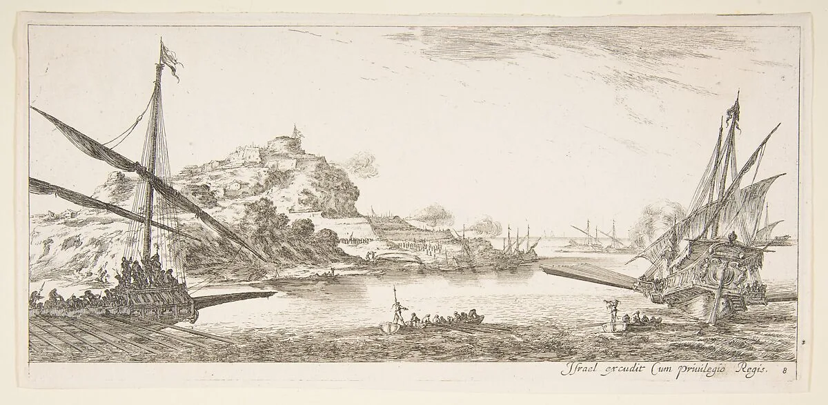 Plate 8: A the bow of a galley at left and another galley at right, seen from behind, two rowboats in center, a hill with a fortress in the background, from 'Various landscapes' (Divers paysages) — Stefano della Bella|Israël Henriet|Louis de Bourbon duc d'Anguien