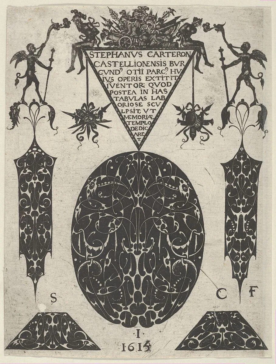Title Plate with Blackwork Motifs, Trophies and Grotesques, from a Series of Blackwork Prints for Goldsmiths' Work — Etienne Carteron