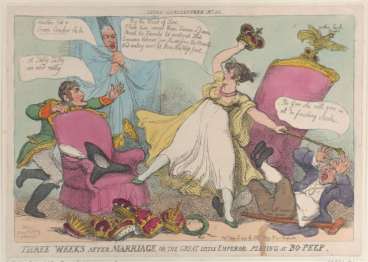 Three Weeks After Marriage, or the Great Little Emperor Playing at Bo-Peep — Thomas Rowlandson|Thomas Tegg|Empress Marie Louise of France|Napoléon Bonaparte