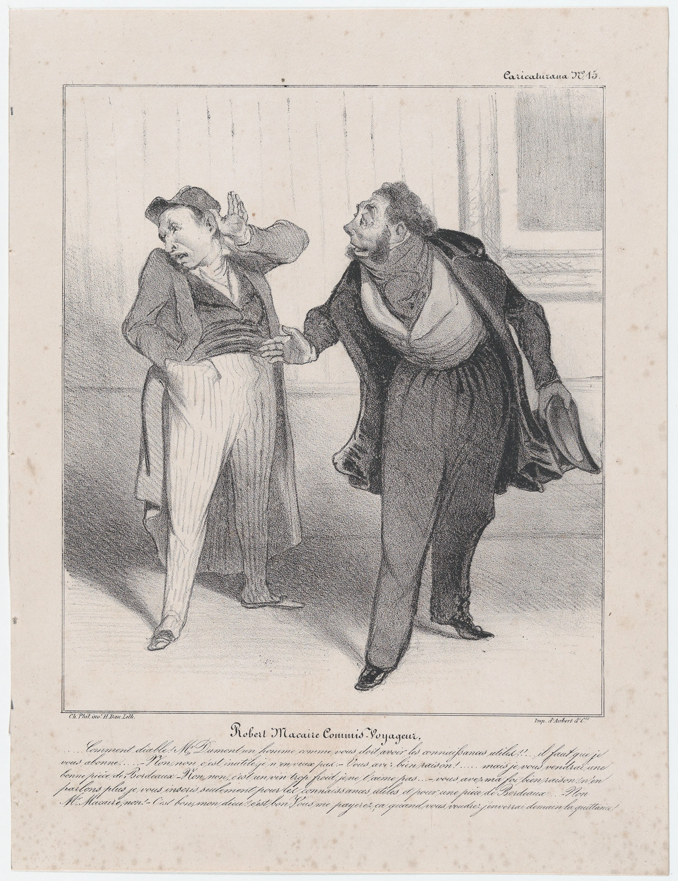 Plate 15: Robert Macaire, travelling salesman, from 'Caricaturana,' published in Les Robert Macaires — Aubert et Cie|Junca|Honoré Daumier|Charles Philipon|Aubert et Cie