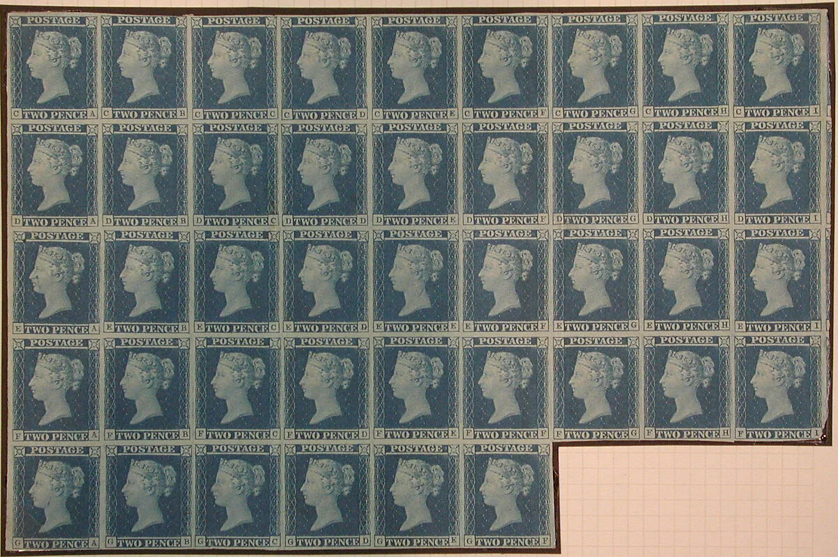Unused block of forty-two "Two Penny Blue" postage stamps of Queen Victoria — William Wyon